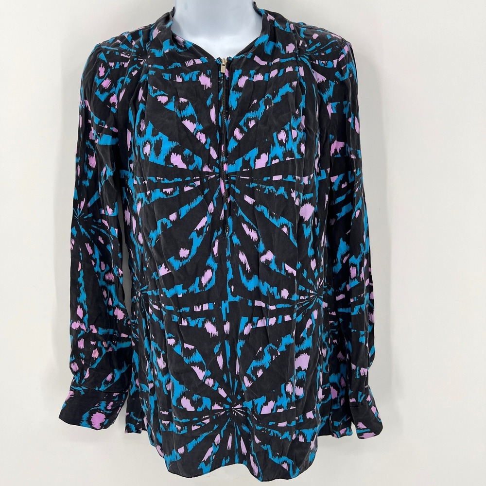 Alice & Trixie 100% Silk Print Zip Front Blouse‎ Size XS Black Blue Pink